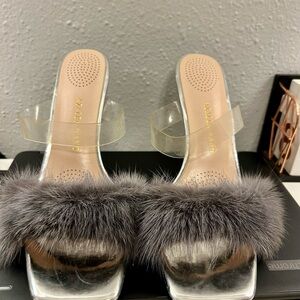 Clear Strap Gray Faux Fur Slide Mules